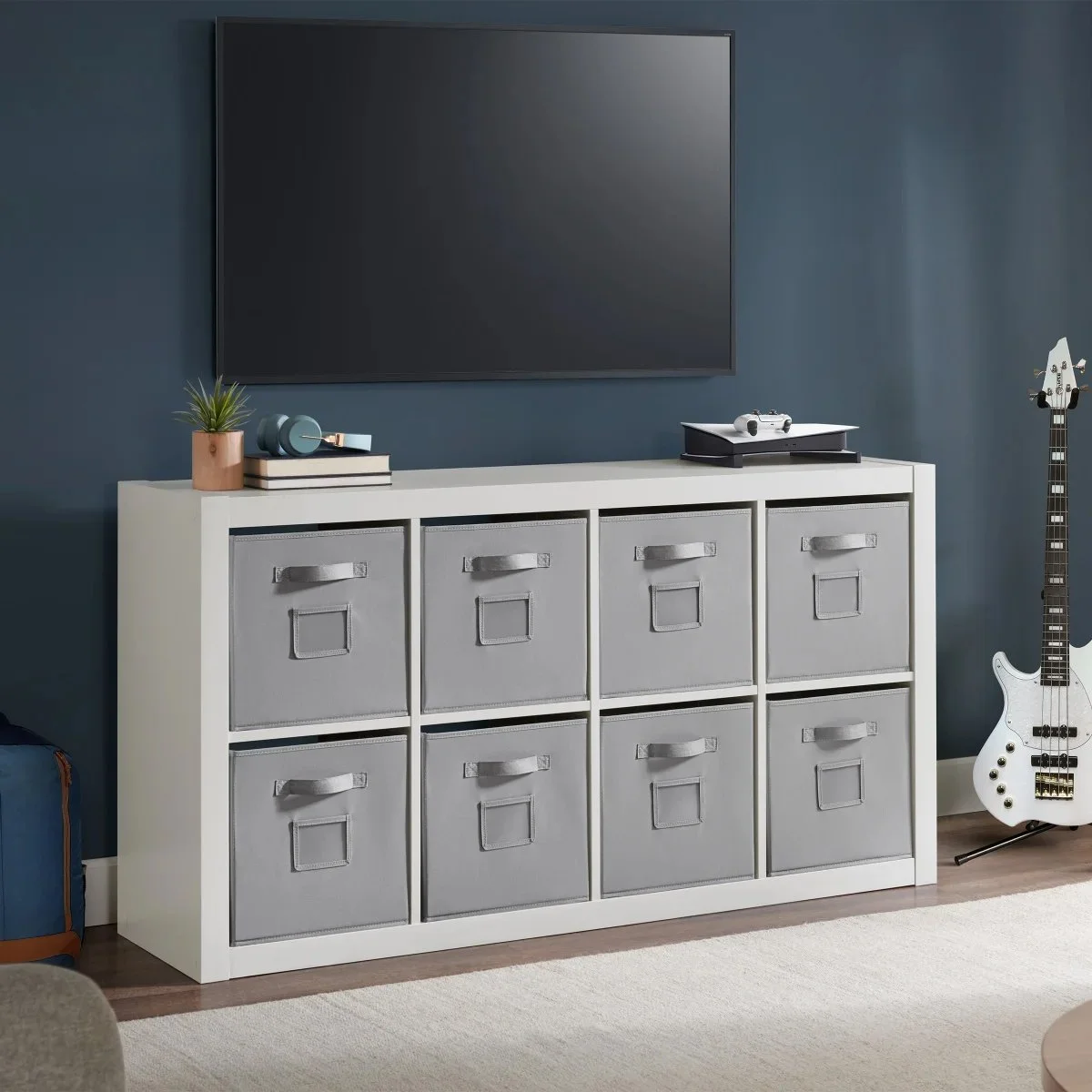 O'nin White Room Divider with Grey Fabric Storage Bins - 1695445